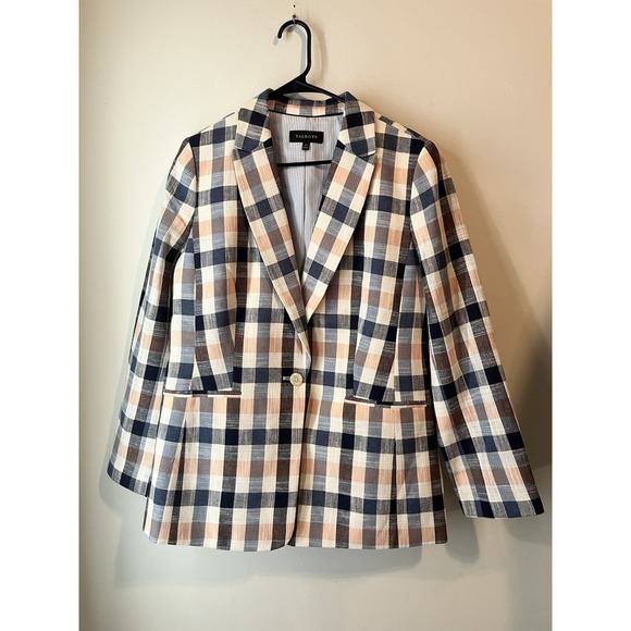 Talbots plaid Vivid blue‎ pink cream lightweight single button blazer Size 14 - Picture 1 of 4